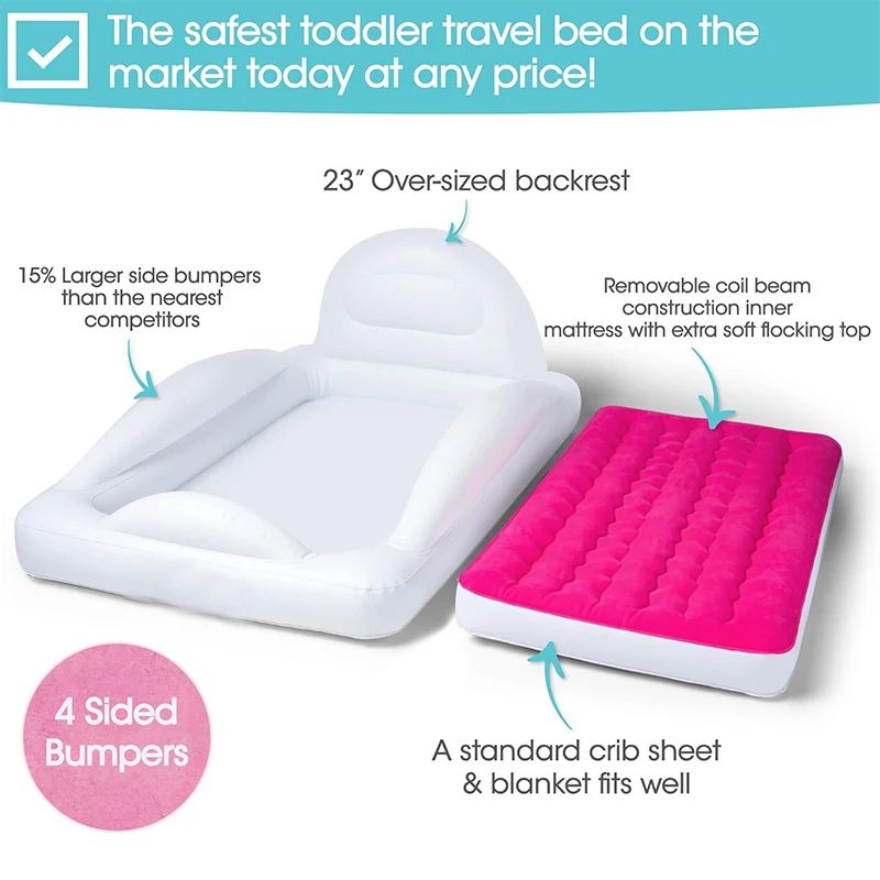 Inflatable Toddler Travel Bed with Safety Bumpers Backrest Portable Kids Air Mattress Baby Bed Crib for Travel Camping