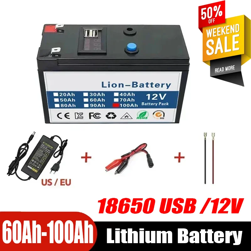

12V Battery 100Ah 18650 Rechargeable LiFePO4 Lithium Battery Built-in 5V 2.1A Usb Power Display Port Charger+12.6V 3A charger