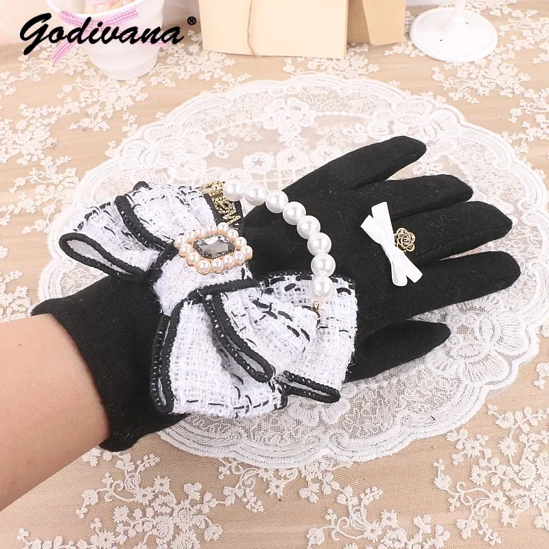 Handmade Bow Sweet Rhinestone Beaded Lady Sweet Finger Wool Gloves Autumn and Winter Thickened Velvet Woolen Gloves