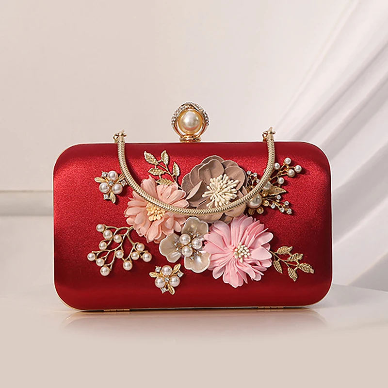 

Elegant Women's Clutch Bag Three-dimensional Flowers Chain Luxury Evening Bag Pearl Diamonds Banquet Dinner Wedding Dress Bags