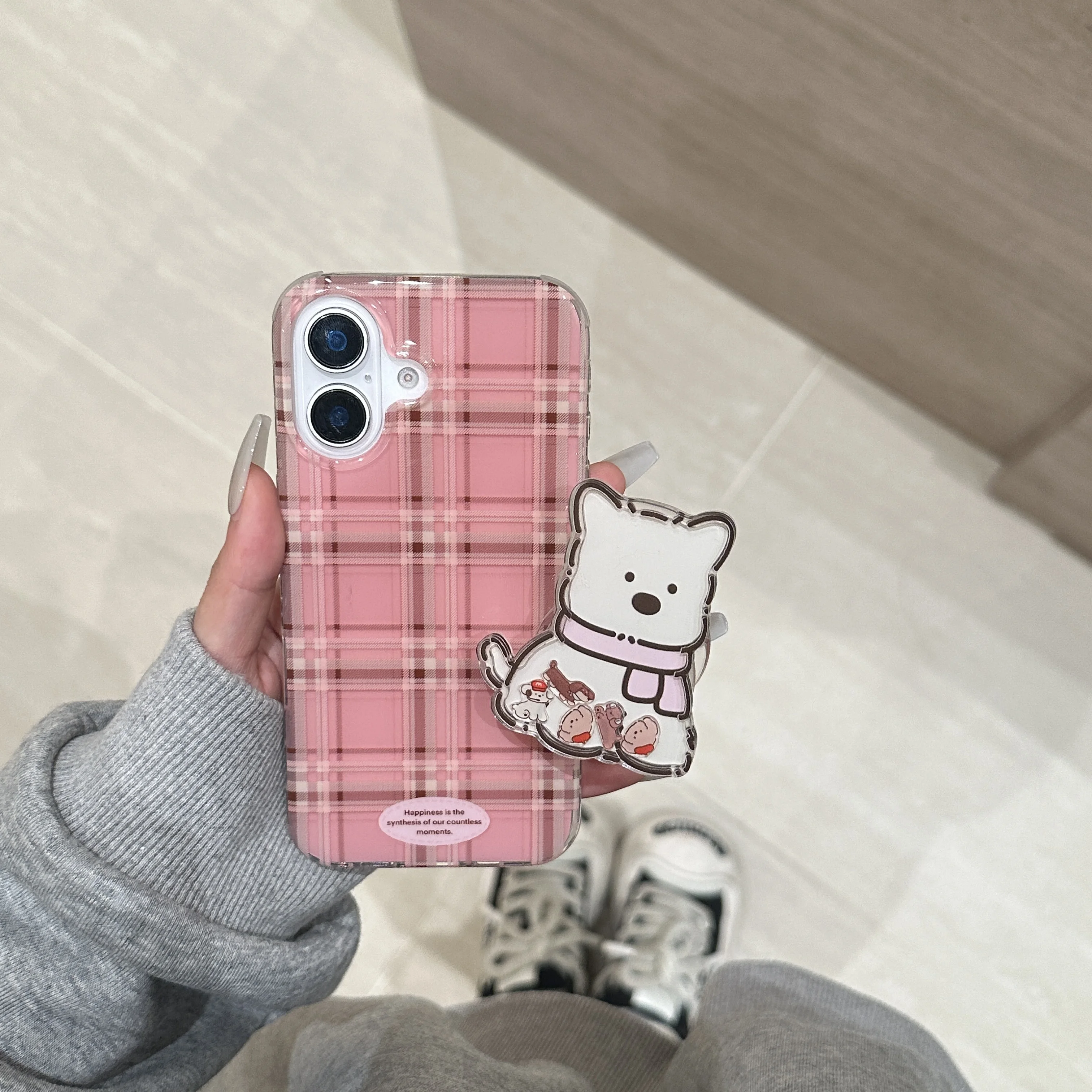 Fashionable Ins Pink Checker Lovely Puppy Stand Phone Case for iPhone 16 15 14 13 Pro Max Back Cover Funda