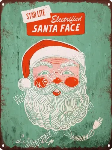 1950s Star-Lite Electrified Santa Face Christmas Blow mold Metal Sign 9x12