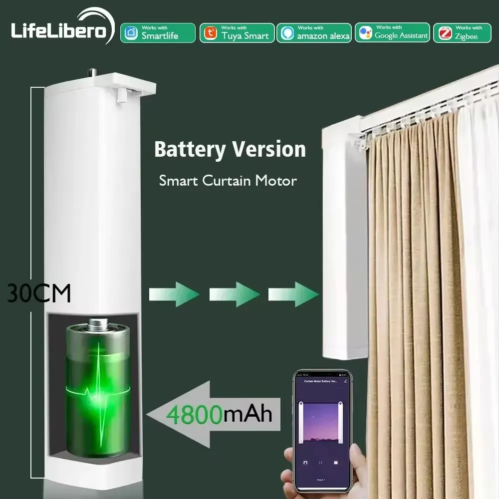 LifeLibero Tuya ZigBee Big Battery Smart Curtains Motor Chargeable Electric Curtain Wire Free Opener Automatic Window Work Alexa