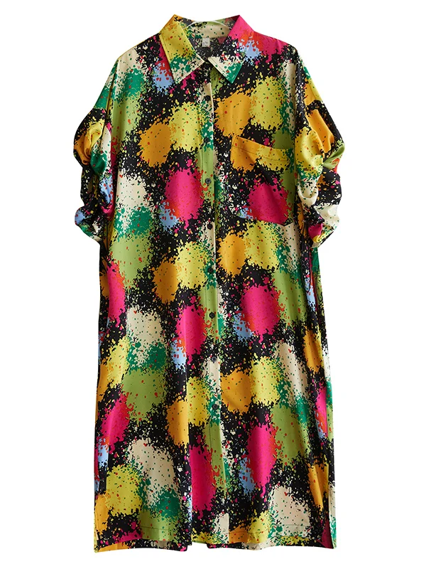 فستان قميص صيفي جديد للنساء مقاس كبير، مطبوع، فضفاض، متوسط الطول، بتصميم H-Line، بأكمام قصيرة وطوق بولو وزر واحد. #1