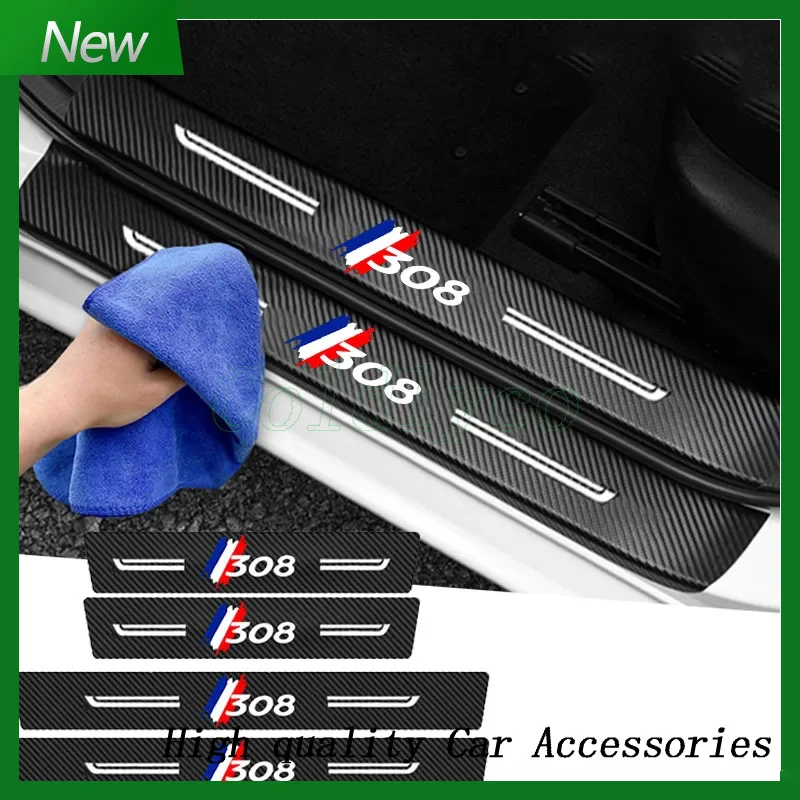 Car Decals Door Sill Trim Anti Kick Stickers Pedal Guards for 308 Letter Logo Trunk Threshold Protective Strip Tape Decoration