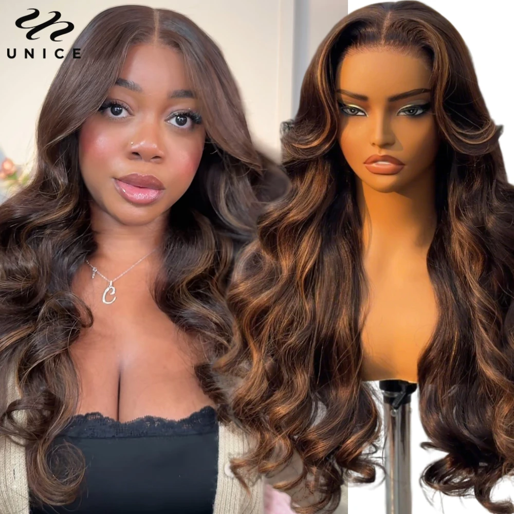 UNICE Hair Espresso Brown Highlights Loose Wave Wig Pre Cut Pre Bleached 7x5 Glueless Wig Human Hair Ready To Wear 180% Density