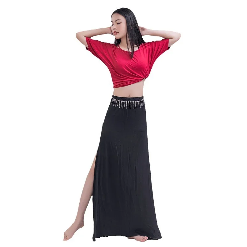 Belly dance practice clothes Modal large size belly dance performance split skirt bat sleeve top