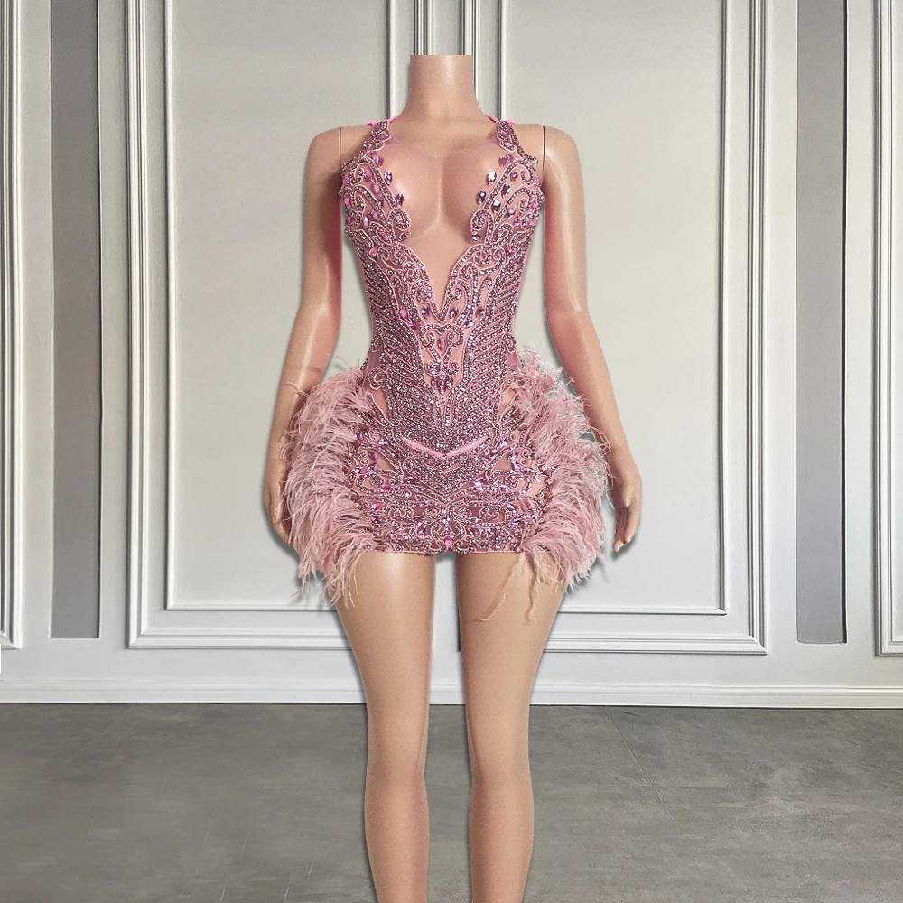 Sparkly Roze Diamant Korte Prom Jurk 2024 Sexy Sheer Mesh Strass Veren Vrouwen Verjaardagsfeestje Formele Toga Aangepast