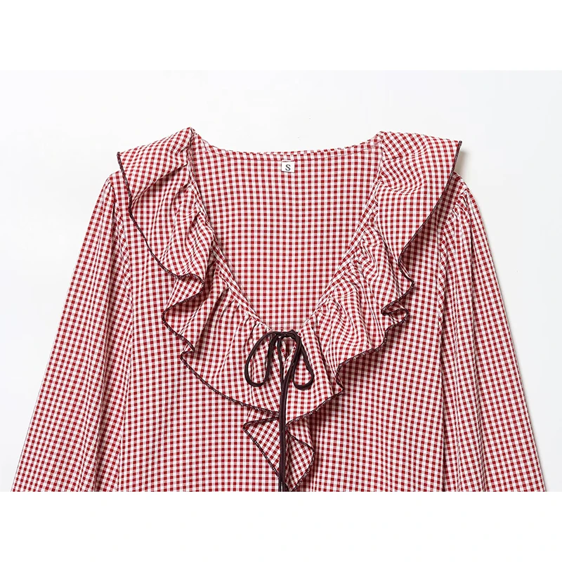 Casual damesoverhemden Mode gelaagde decoratie Klein geruit overhemd met lange mouwen Vrouwelijke blouses Chique tops ﻿