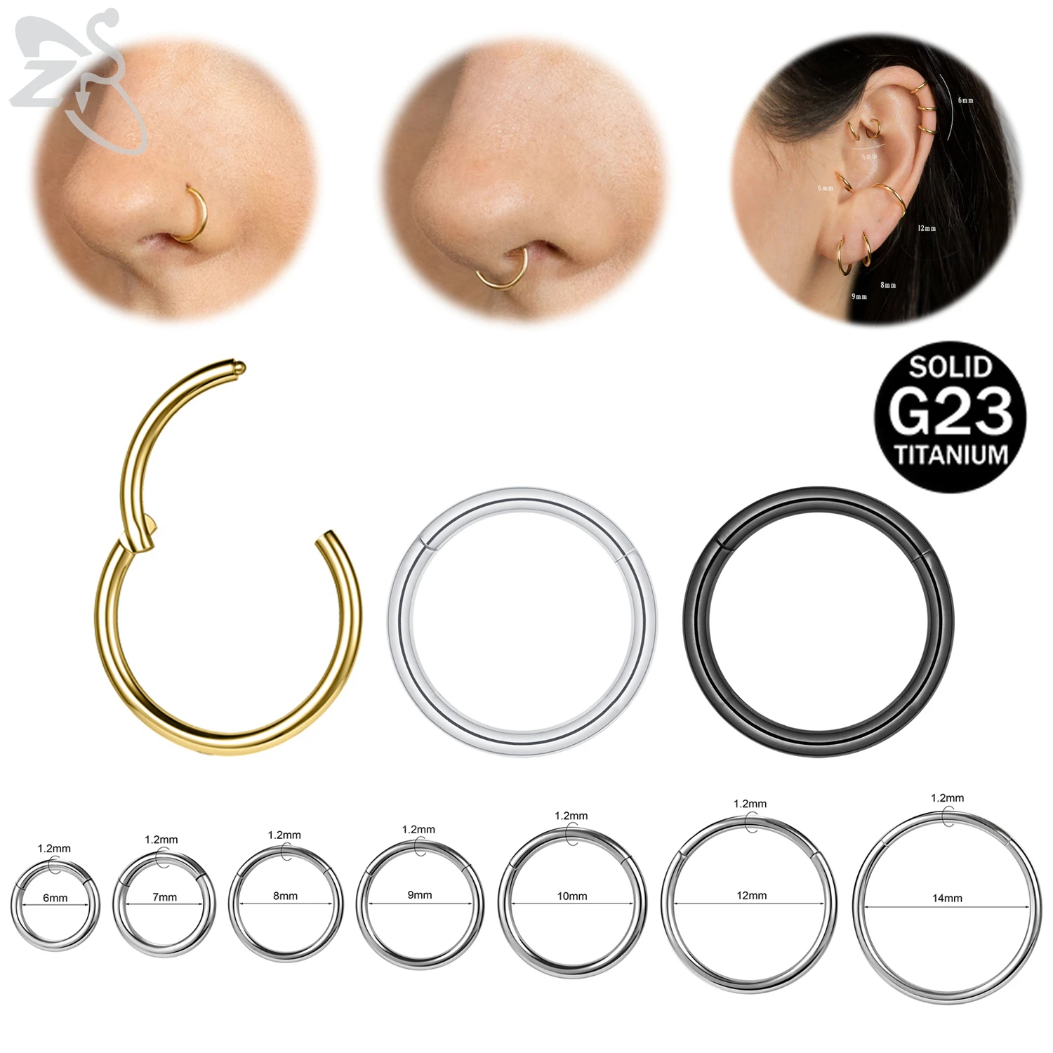 ZS 1 PC Round 20/18/16G G23 Titanium Steel Nose Ring 6-14MM Hoop Septum Lip Piercing Tragus Helix Cartilage Piercings Earrings