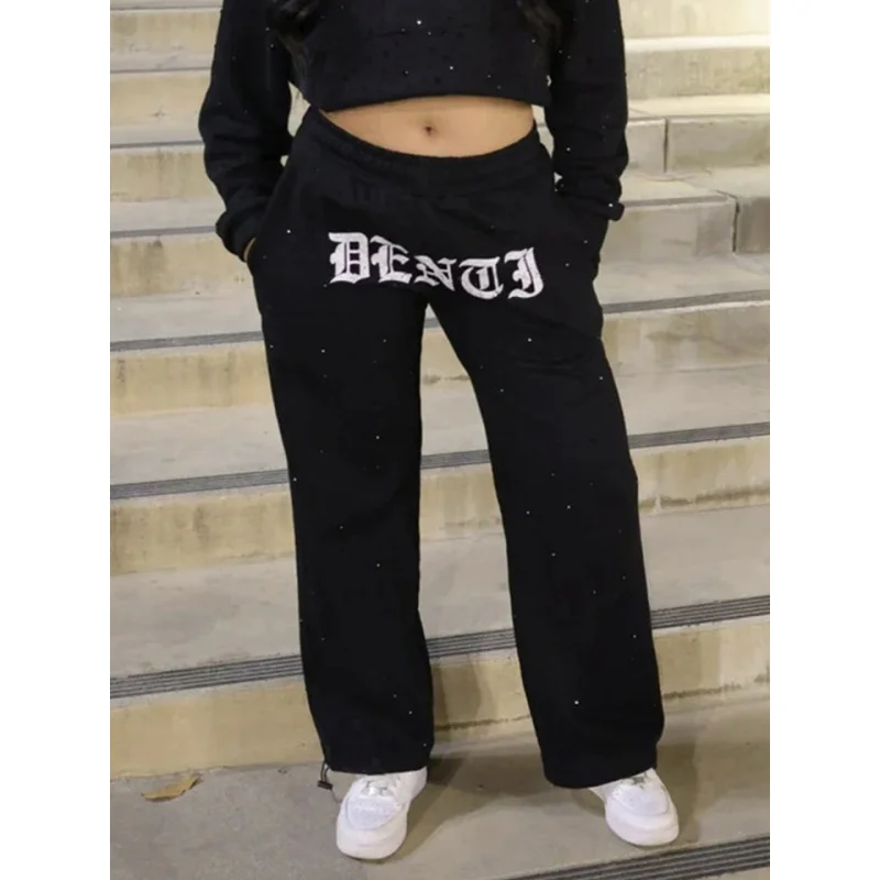 American street Y2K loose slimming printed letter sparkling diamond men's and women's contrasting wide leg sweatpants new style