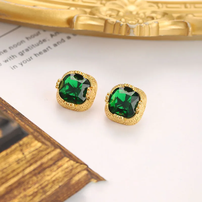 

Vintage Green Zircon Crystal Earrings For Women Geometric Square Stud Earrings Luxury Designer Jewelry For Party Wedding
