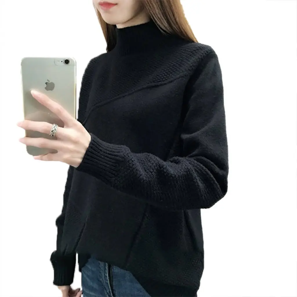 Style coréen femmes tricoté ample demi col roulé pull automne hiver pull haut Base chemise nouveauté