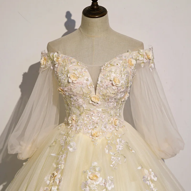 Customized Champagne Ball Gown Quinceanera Dresses Appliques Tulle Puff Sleeves Prom Birthday Party Gowns Formal Occasion
