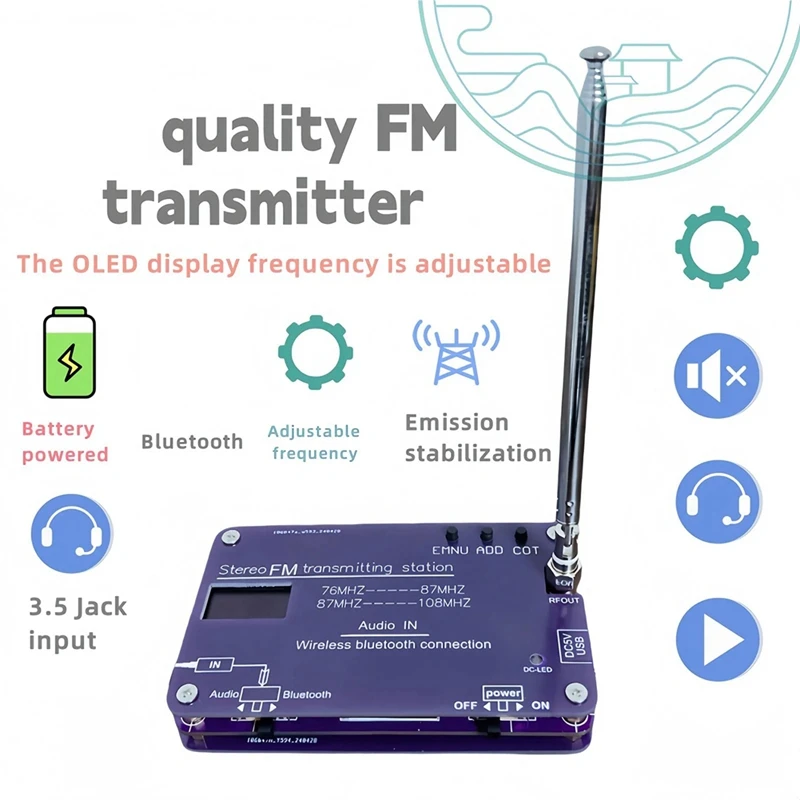 FM Transmitter 76Mhz-108Mhz Bluetooth FM Transmitter Radio With Battery For 100-Meter Transmission