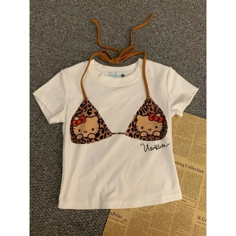 

Sanrio Hello Kitty Women T-Shirt Sexy Cropped Tops Y2K Hottie Clothes Leopard Print False Two-Piece American Streetwear Slimming