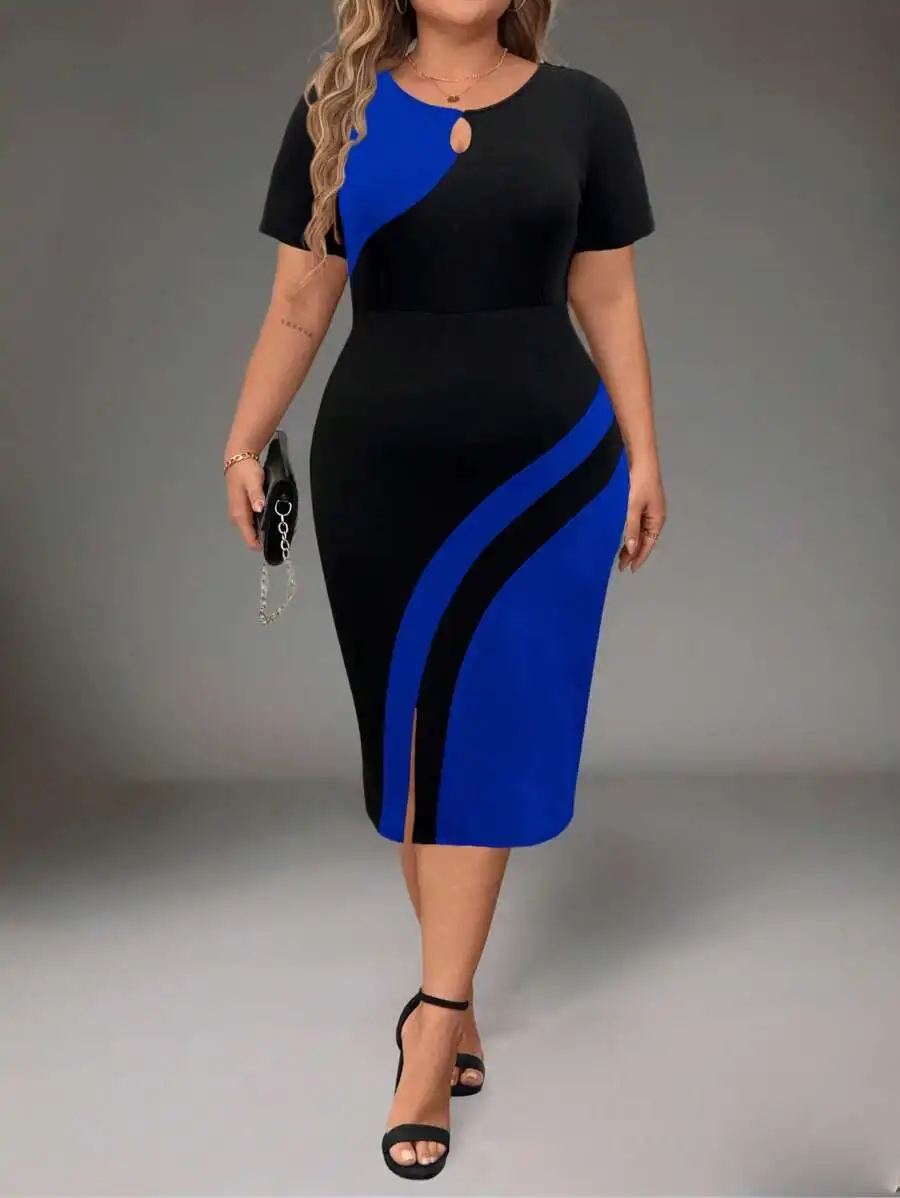 

Color Block Round Neck Short Sleeve Knee Length Dress For Women