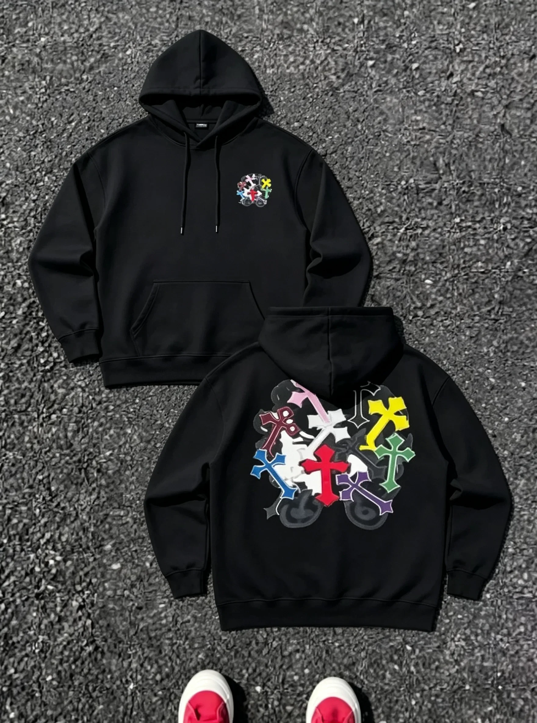 20267Harajuku's new streetwear men's casual hoodies with double-sided digital printing colorful cross pattern neutral casual top