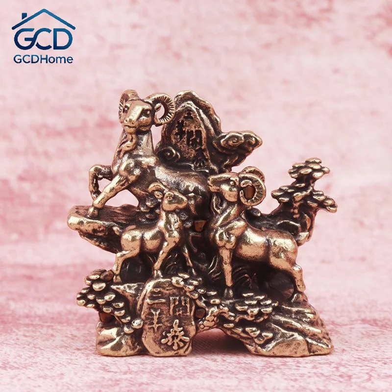 Antique Style Vintage Brass Three Goat Figurine Auspicious Ornament for Home Office Desktop Decoration
