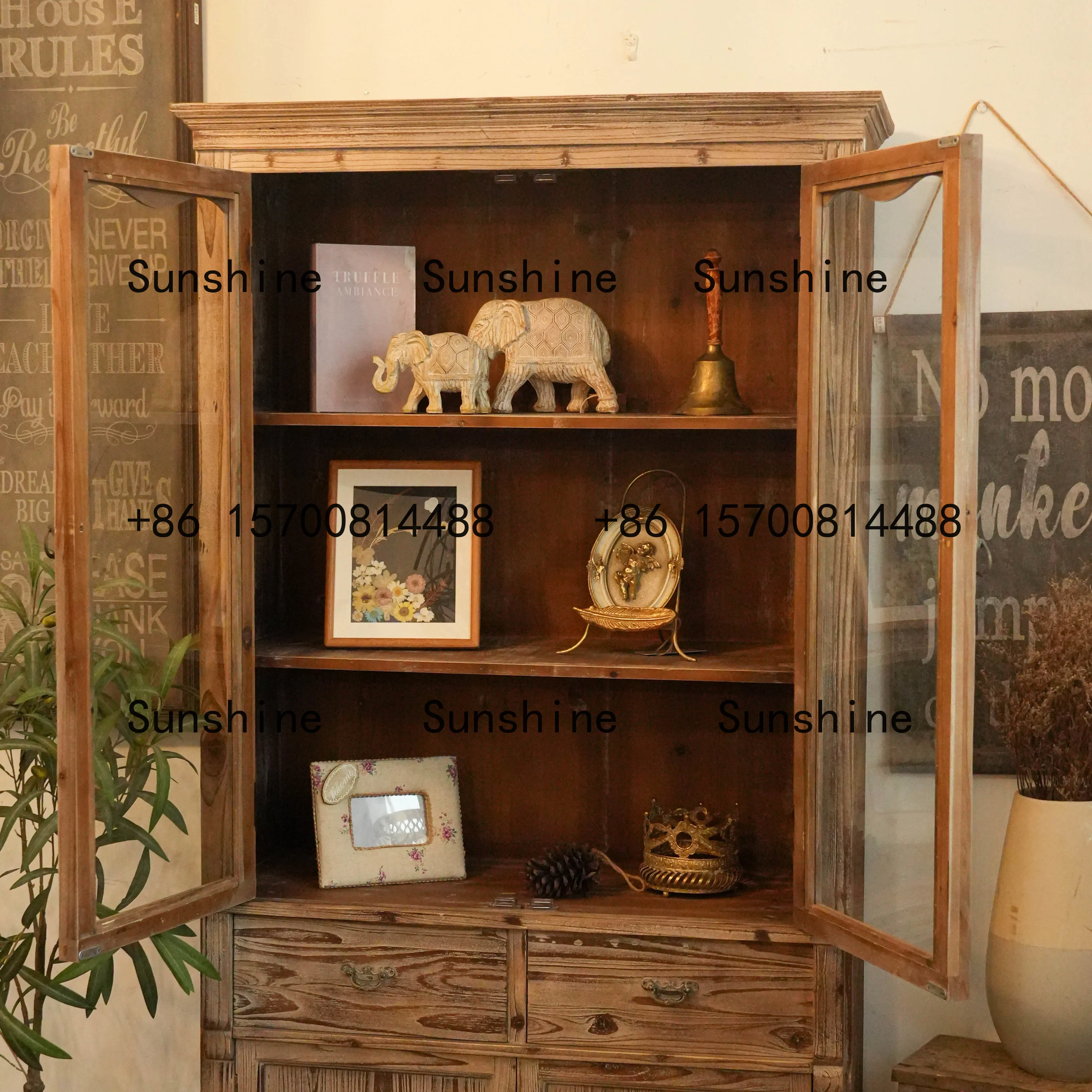 Solid Wood Glass Display Cabinet Multi-Layer Showcase Vintage Carved Storage
