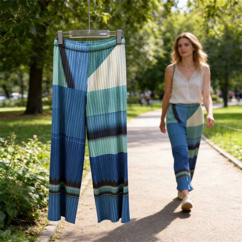 

Miyake Pleated City Collage Straight Pants Women 2026 New Casual Trousers