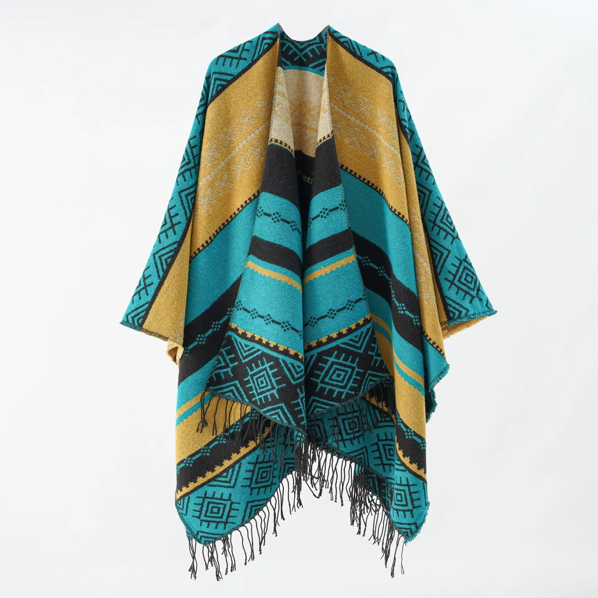 A woman\'s shawl fringed with geometric stripes for casual warmth and cold protection