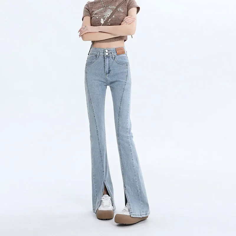 High-Waisted Elastic Bootcut Jeans Women's Double-Buttoned Straight-Leg Denim Trousers With Side Slims Smooths Your Silhouette