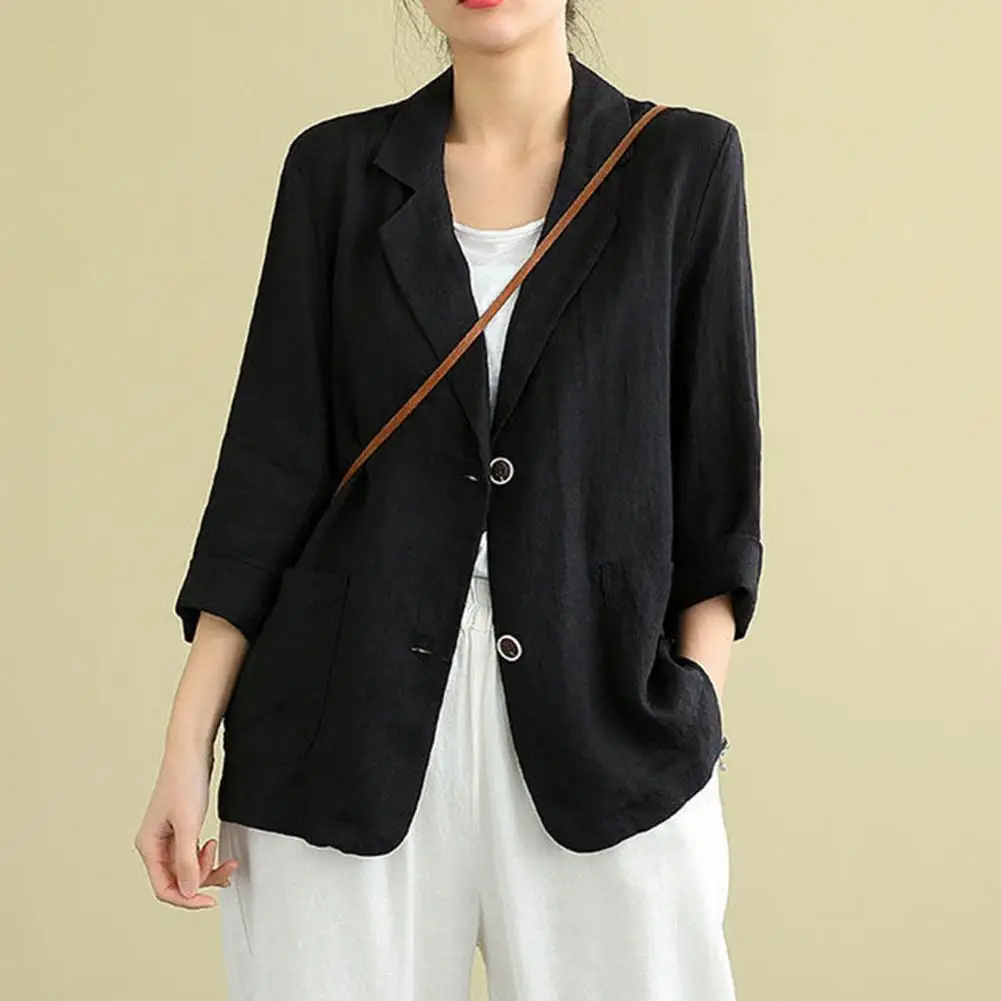 Cotton Linen Blazers Women Oversized Loose Notched Button Up Thin Blazer Coat Solid Color Long Sleeve Casual Office Jackets