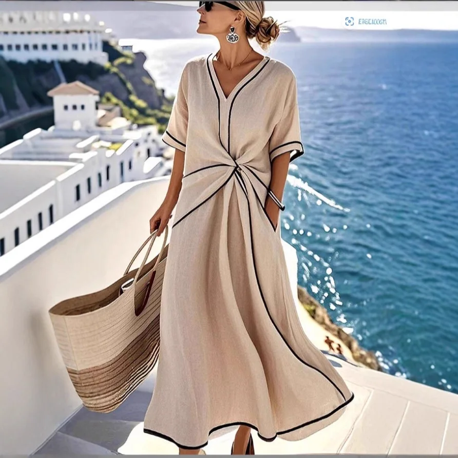 Damen-Maxikleid in Unifarbe mit V-Ausschnitt, gedrehter Taille, Fledermausärmeln, Taschen, schmaler Passform, elegant, für den Alltag, bequem, Freizeitkleidung