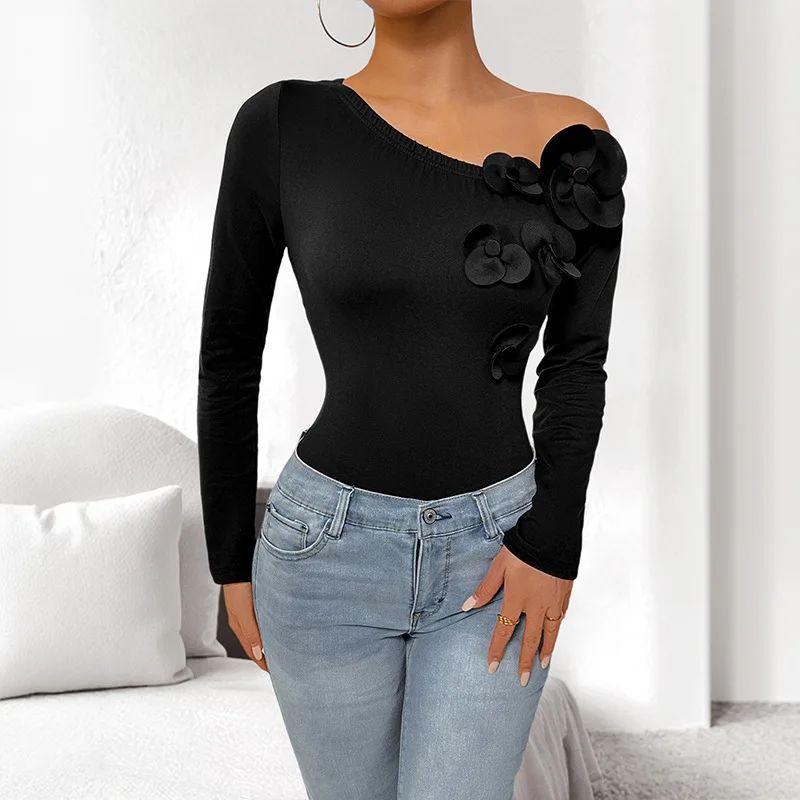 Chic 2026 Sexy Spice Girl Bodysuits Tops Women Skinny Solid Color Three-dimensional Flower Slant Shoulder Long Sleeve Onesie Y2K