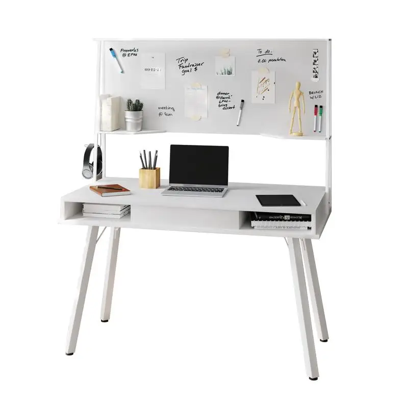 Study Computer Desk with Storage & Magnetic Dry Erase Board - White Finish