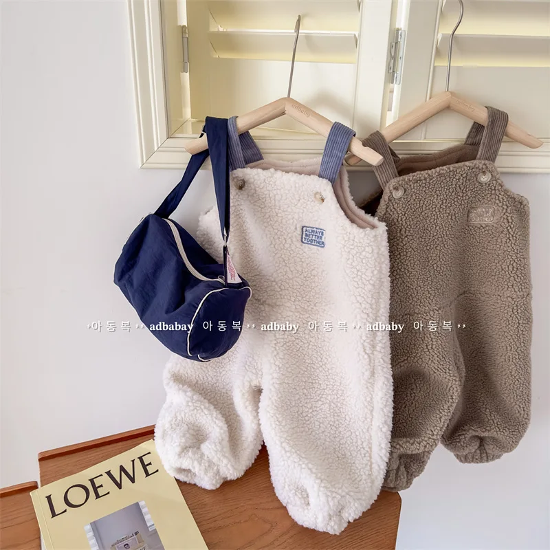 2024 New Winter Children Warm Lamb Fleece Overalls Cotton Girls Warm Trousers Fashion Boys Strap Pants Kids Casual Clothes