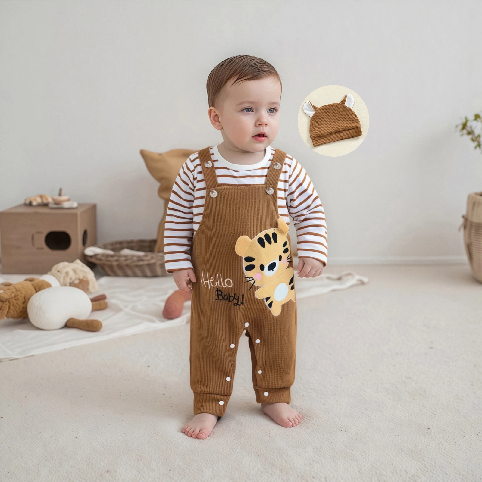 

Baby Boy's Cute Clothing Sets Long Sleeve Striped Romper with Tiger Embroidered Overalls and Hat 3Pcs Outfits