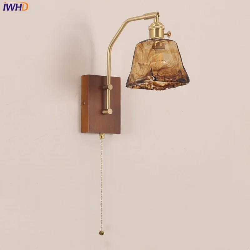 IWHD Modern Luxury LED Wall Lamps For Living Room Bedroom Pull Chain Switch Glass Walnut Wood Bathroom Mirror Light Luminaire