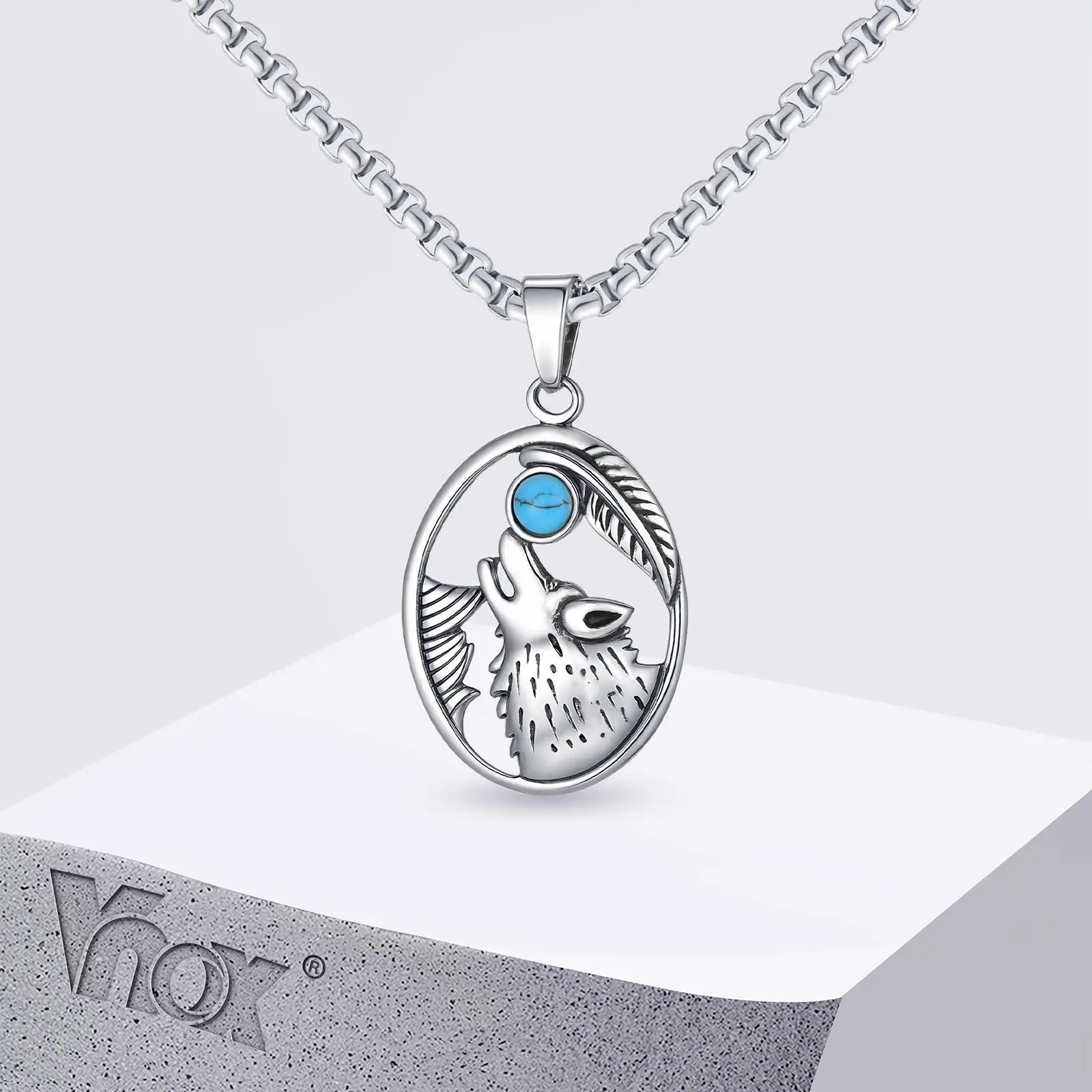 

Vnox Wolf Head Turquoise Pendant Necklace for Men, Adjustable Box Chain Stainless Steel Necklaces, Ethnic Style Jewelry Gift New