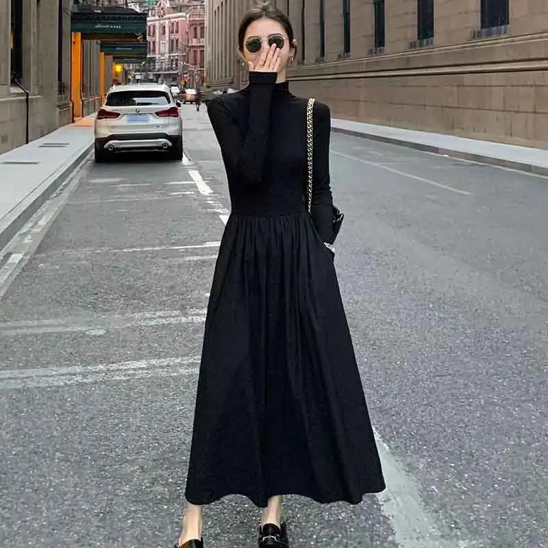 Autumn Hepburn Style Women Dress High Waist Elegant Black Midi Dress Fashion Korean Half High Collar Long Sleeve A Line Dress