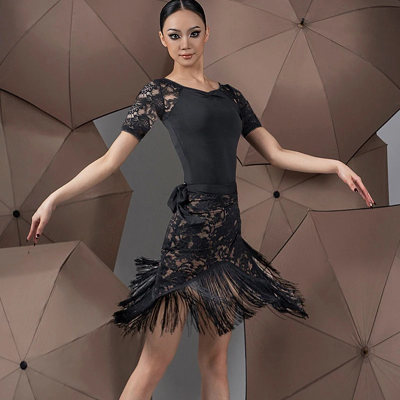 Fashion Samba Latin Dance Clothing Black Lace Top Tassels Skirts Women'S Ballroom Dance Costumes Training Clothes SL10155