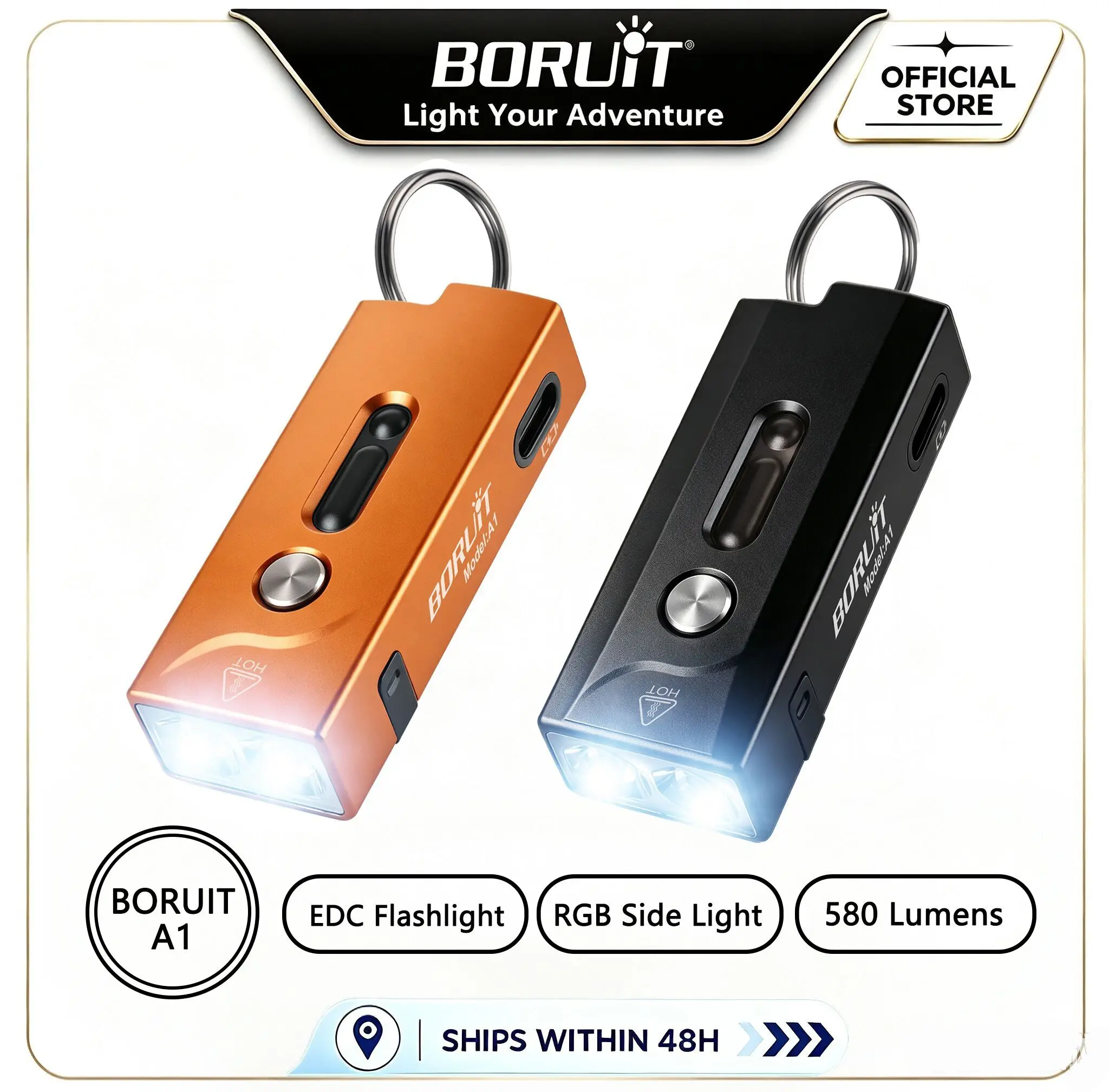 BORUiT A1 580LM EDC LED Flashlight Type-C Rechargeable Magnetic Torch Waterfroof Camping Home Emergency Lantern
