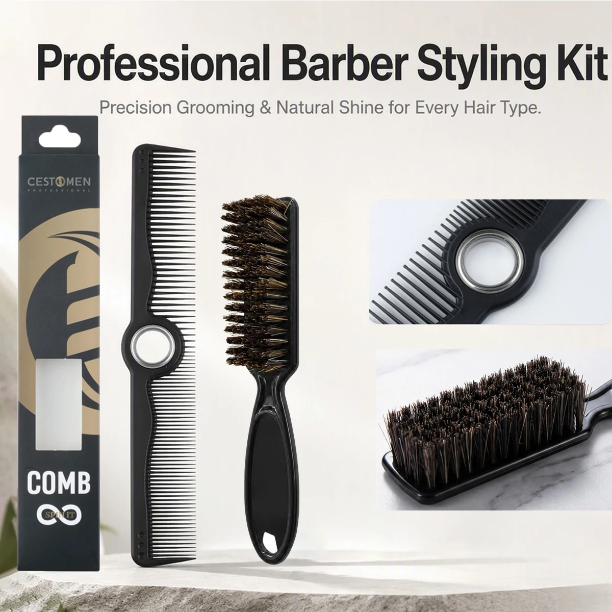 2Pcs Professional Barber Styling Kit Rotatable Hair Cutting Comb Bristle Beard Fade Styling Cleaning Brush Salon Haircut Tools