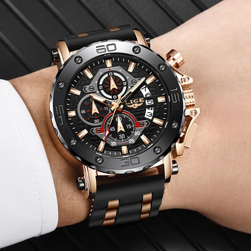 LIGE Top Brand Luxury Casual Sport Watch Creative Chronograph Silicone Strap Date Luminous Waterproof Big Men Watches Male Clock