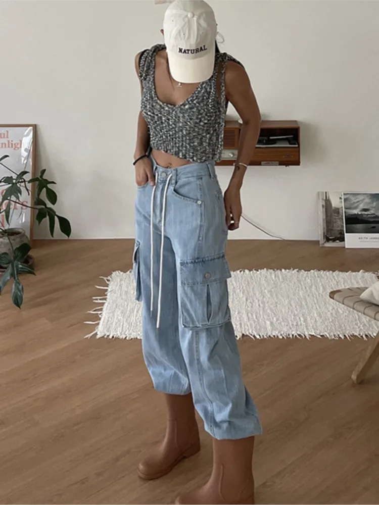 Jeans Herbst hohe Taille Hose Frauen lässig lose koreanische Stil plissierte Damen weites Bein Hosen Mode Frau lange Cargo hose