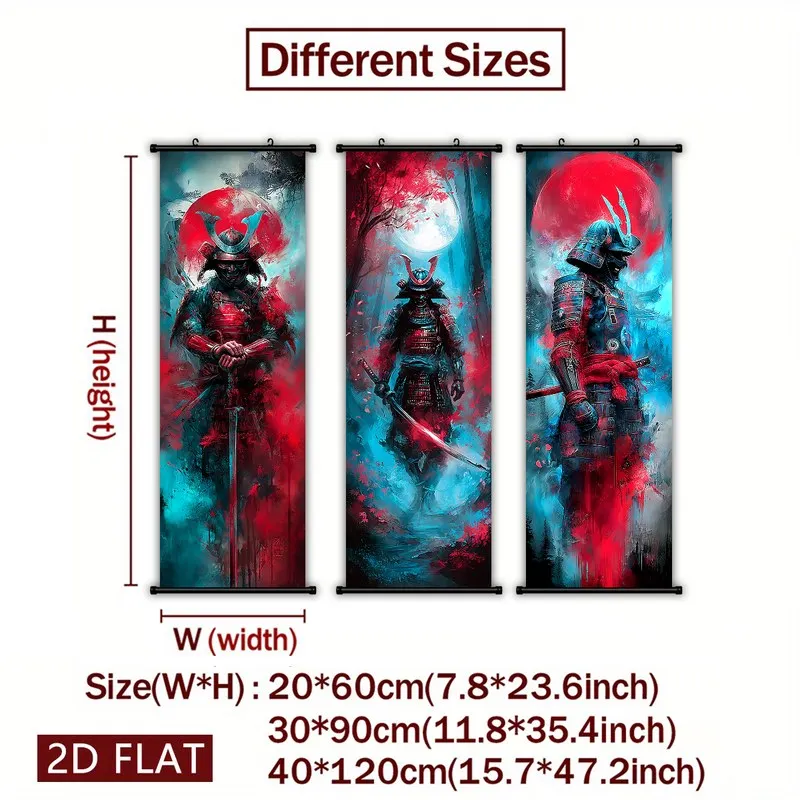 VIKAMA Ink Splash Samurai Warrior Red Moon Triptych Wall Scroll Poster Japanese Canvas Art Print Hanging Painting Decor