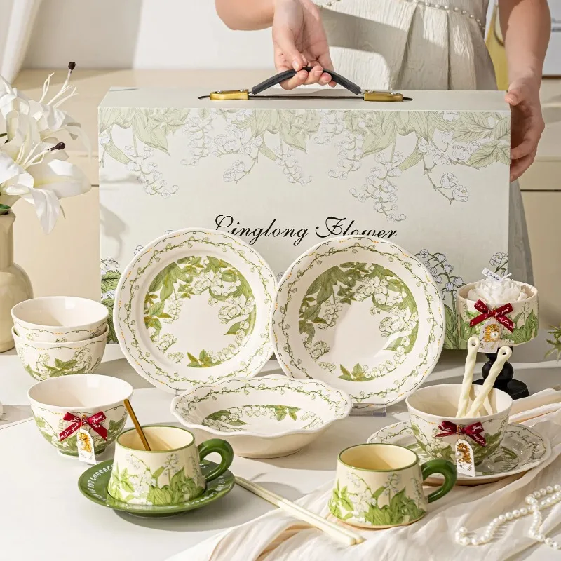 CJ-10  Underglaze Ceramic Tableware Dish Set Household New Household Small Fresh Dishes Household Moving New Home Gift Box