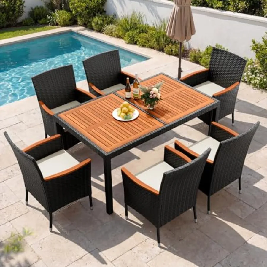

Patio conversation set for outdoor use, acacia wood tabletop, beige rattan frame with grey cushions, weather-resistant and styl