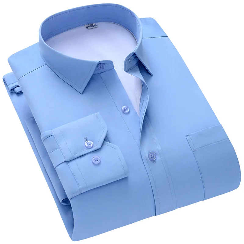 High-Quality Men's Plaid Long-Sleeve Warm Shirt Winter New Style Pure Cotton Thickened Fleece Business Formal Solid Color Shirt