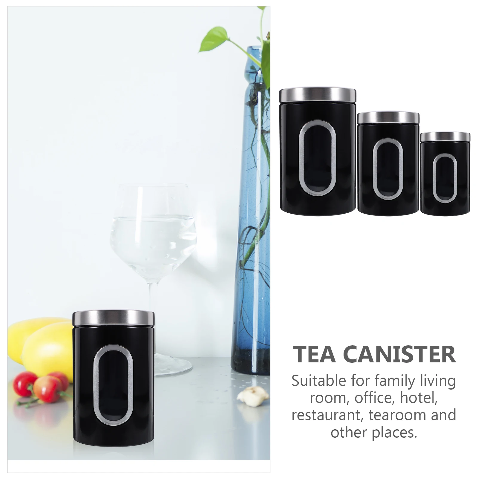 

3pcs Stainless Steel Airtight Tea Canister Food Containers Black Set Wide Application Family Office Hotel Restaurant Storage