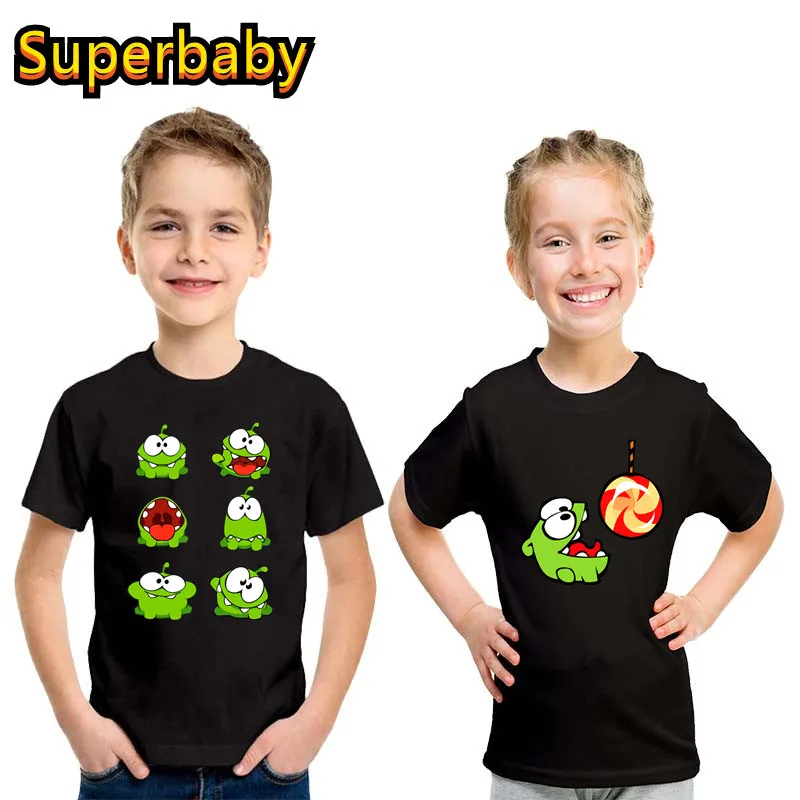 Camiseta divertida de manga corta para niños y niñas, ropa bonita de algodón con dibujos animados de Om Nom Frog, ropa informal de verano, oferta