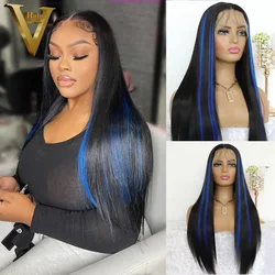 Preplucked Black With Blue Highlight HD Transparent Lace Frontal Wig 13×4 13×6 Brazilian Virgin Remy Human Hair Wigs For Women