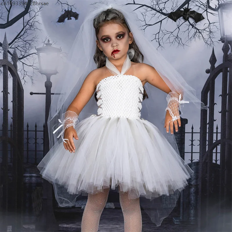 

AP1 Children Ghost Bride White Wedding Dress Zombie Cosplay Clothing Halloween Vampire Girl Tutu Dresses Veil Gloves