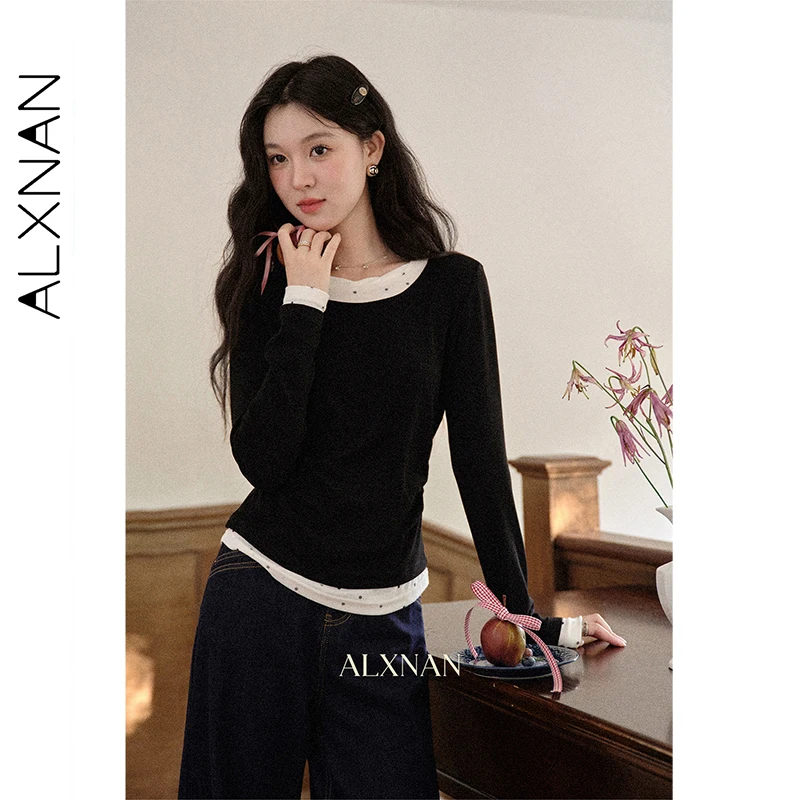 

ALXNAN Черная футболка из двух частей, черные футболки с длинными рукавами и круглым вырезом, осень 2025, хлопковый офисный женский облегающий топ, женский L569172
